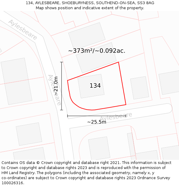 134, AYLESBEARE, SHOEBURYNESS, SOUTHEND-ON-SEA, SS3 8AG: Plot and title map