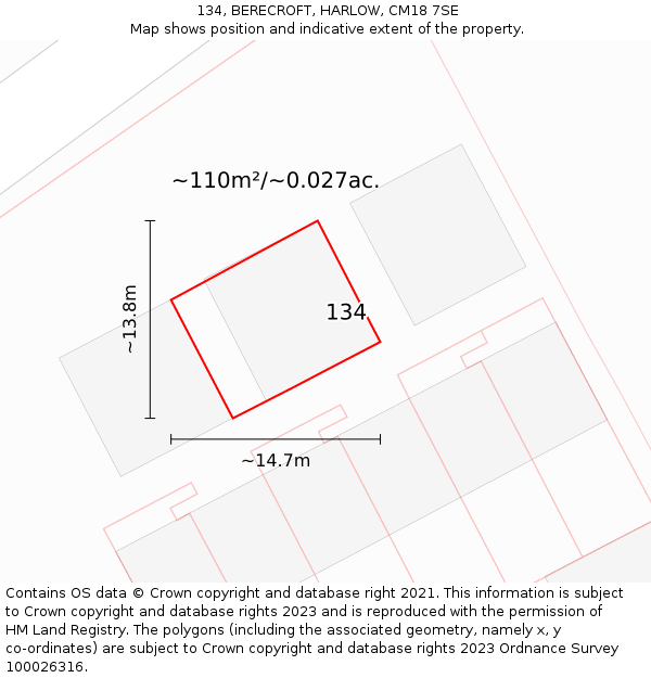 134, BERECROFT, HARLOW, CM18 7SE: Plot and title map