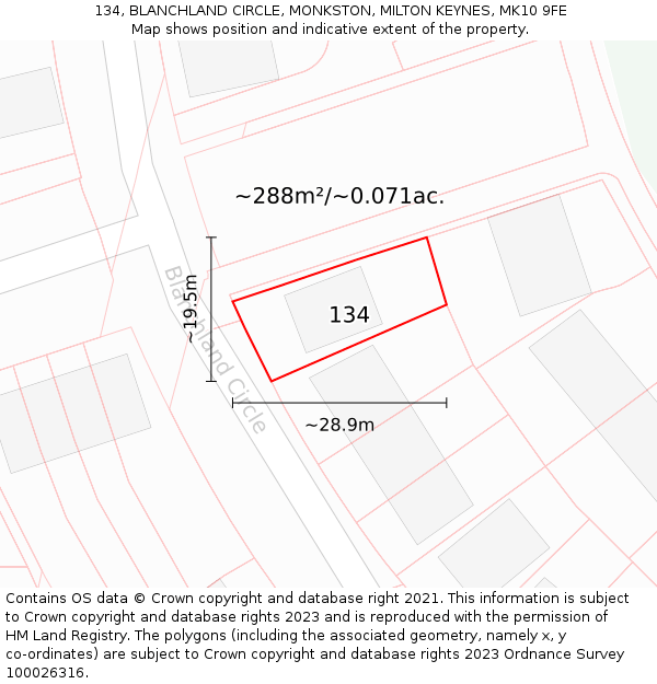 134, BLANCHLAND CIRCLE, MONKSTON, MILTON KEYNES, MK10 9FE: Plot and title map