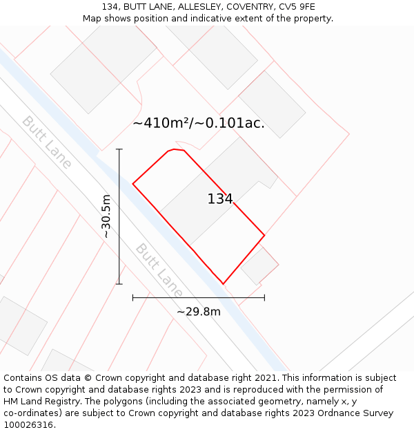 134, BUTT LANE, ALLESLEY, COVENTRY, CV5 9FE: Plot and title map