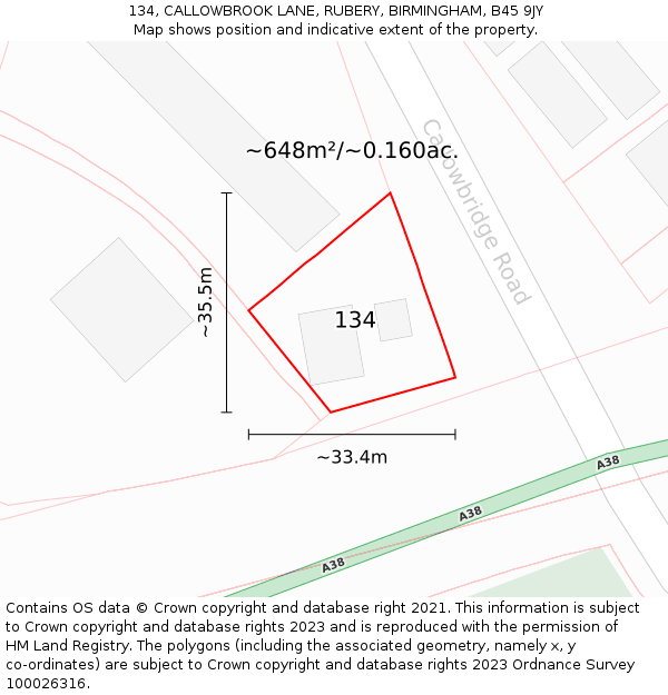 134, CALLOWBROOK LANE, RUBERY, BIRMINGHAM, B45 9JY: Plot and title map