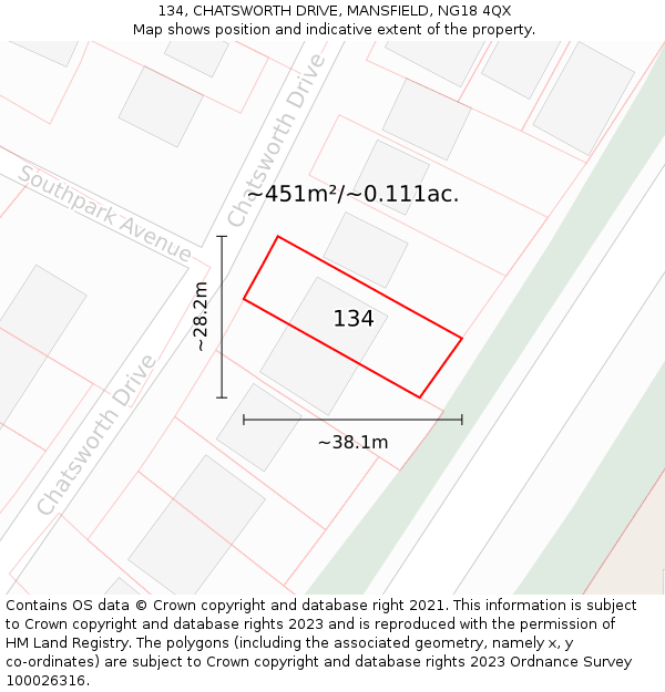 134, CHATSWORTH DRIVE, MANSFIELD, NG18 4QX: Plot and title map