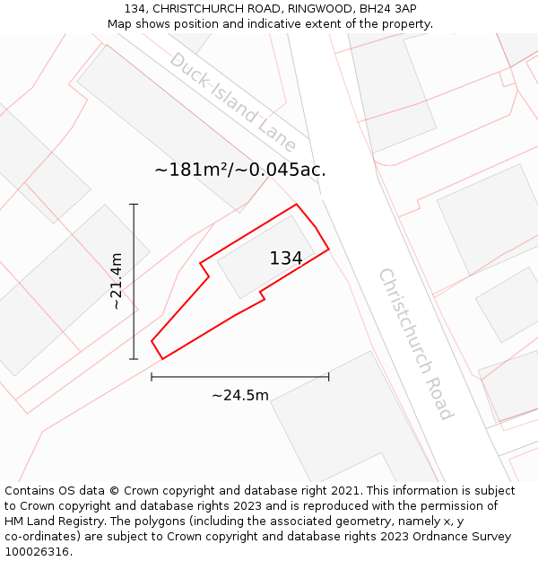 134, CHRISTCHURCH ROAD, RINGWOOD, BH24 3AP: Plot and title map