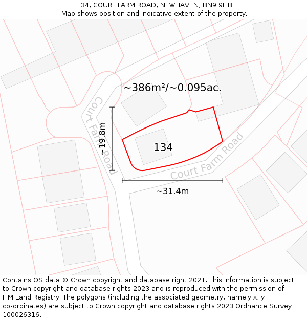 134, COURT FARM ROAD, NEWHAVEN, BN9 9HB: Plot and title map