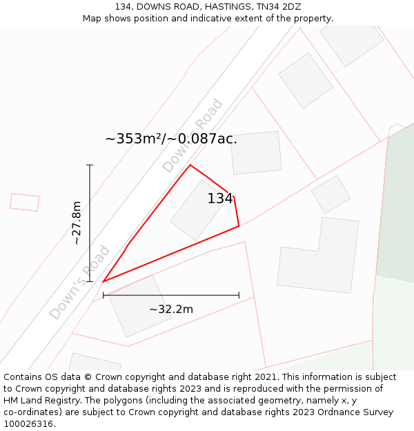 134, DOWNS ROAD, HASTINGS, TN34 2DZ: Plot and title map