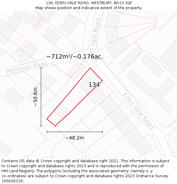 134, EDEN VALE ROAD, WESTBURY, BA13 3QF: Plot and title map