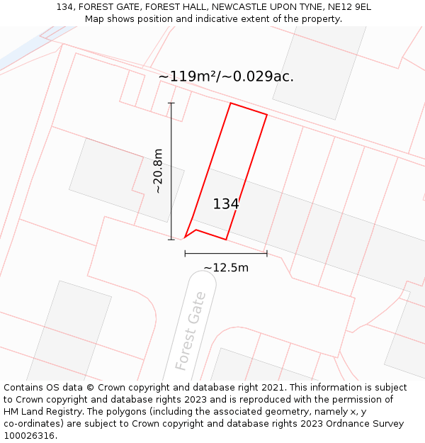 134, FOREST GATE, FOREST HALL, NEWCASTLE UPON TYNE, NE12 9EL: Plot and title map