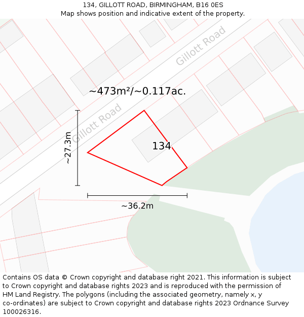 134, GILLOTT ROAD, BIRMINGHAM, B16 0ES: Plot and title map