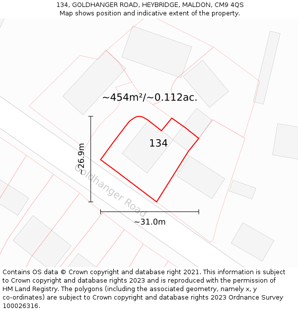 134, GOLDHANGER ROAD, HEYBRIDGE, MALDON, CM9 4QS: Plot and title map