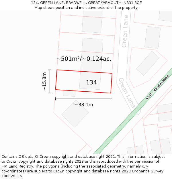 134, GREEN LANE, BRADWELL, GREAT YARMOUTH, NR31 8QE: Plot and title map