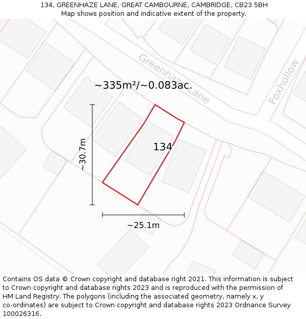 134, GREENHAZE LANE, GREAT CAMBOURNE, CAMBRIDGE, CB23 5BH: Plot and title map