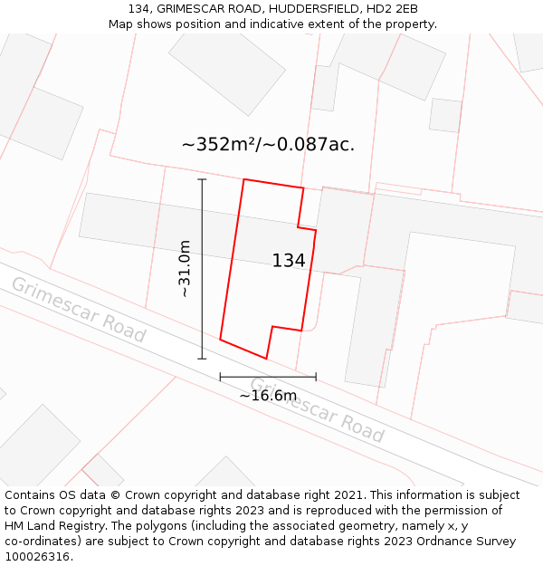 134, GRIMESCAR ROAD, HUDDERSFIELD, HD2 2EB: Plot and title map