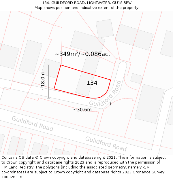 134, GUILDFORD ROAD, LIGHTWATER, GU18 5RW: Plot and title map