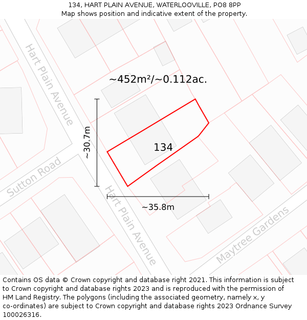 134, HART PLAIN AVENUE, WATERLOOVILLE, PO8 8PP: Plot and title map