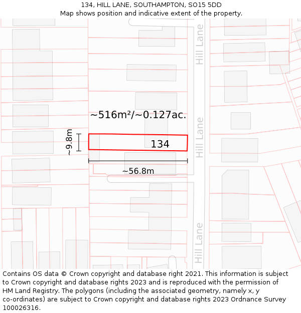 134, HILL LANE, SOUTHAMPTON, SO15 5DD: Plot and title map