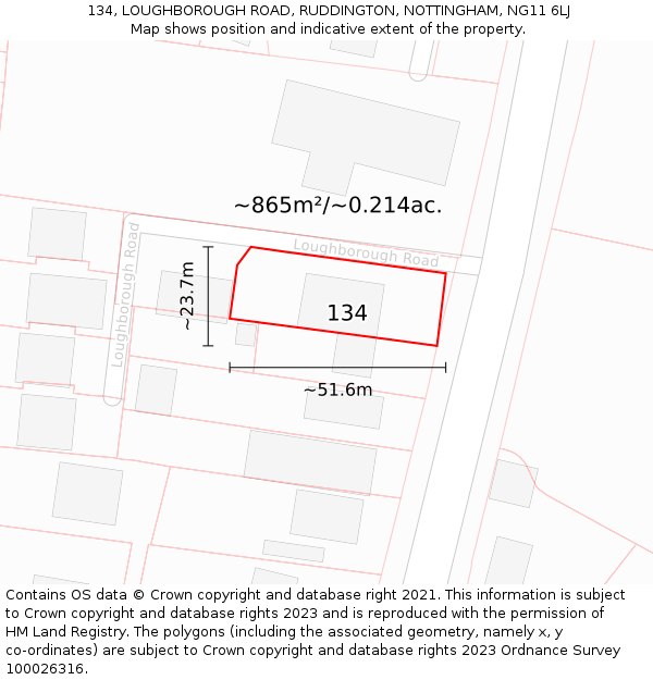 134, LOUGHBOROUGH ROAD, RUDDINGTON, NOTTINGHAM, NG11 6LJ: Plot and title map