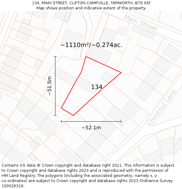 134, MAIN STREET, CLIFTON CAMPVILLE, TAMWORTH, B79 0AT: Plot and title map