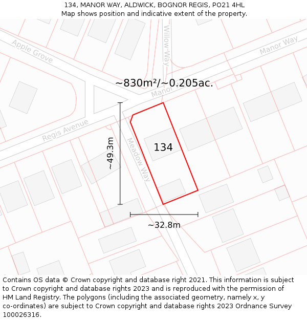 134, MANOR WAY, ALDWICK, BOGNOR REGIS, PO21 4HL: Plot and title map