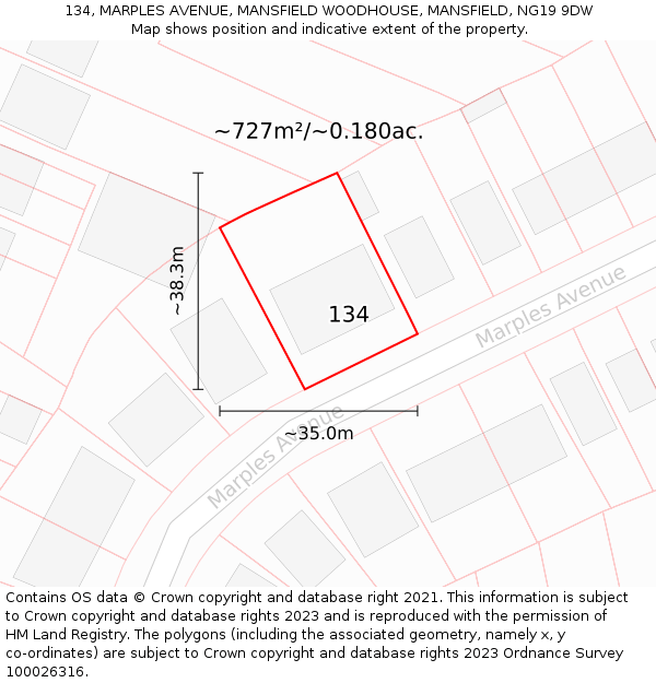 134, MARPLES AVENUE, MANSFIELD WOODHOUSE, MANSFIELD, NG19 9DW: Plot and title map