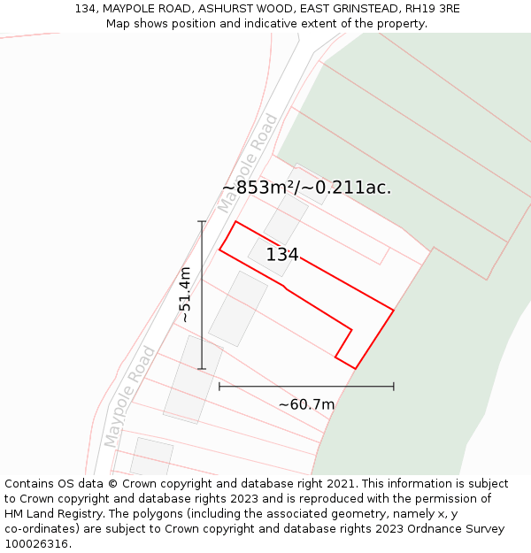 134, MAYPOLE ROAD, ASHURST WOOD, EAST GRINSTEAD, RH19 3RE: Plot and title map