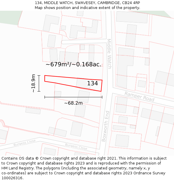 134, MIDDLE WATCH, SWAVESEY, CAMBRIDGE, CB24 4RP: Plot and title map