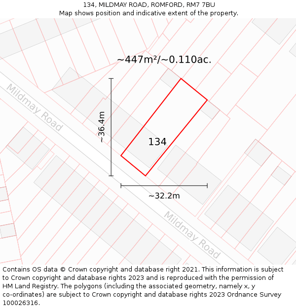 134, MILDMAY ROAD, ROMFORD, RM7 7BU: Plot and title map