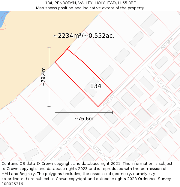 134, PENRODYN, VALLEY, HOLYHEAD, LL65 3BE: Plot and title map