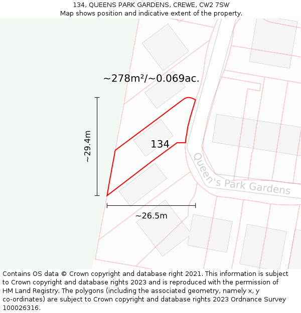 134, QUEENS PARK GARDENS, CREWE, CW2 7SW: Plot and title map