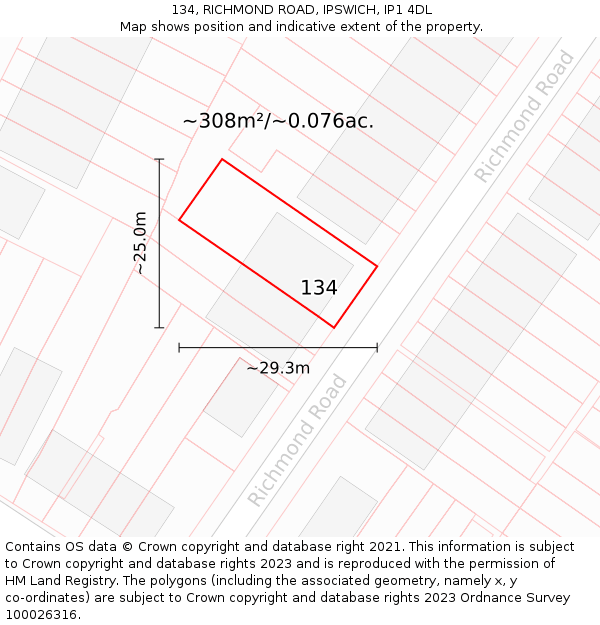 134, RICHMOND ROAD, IPSWICH, IP1 4DL: Plot and title map