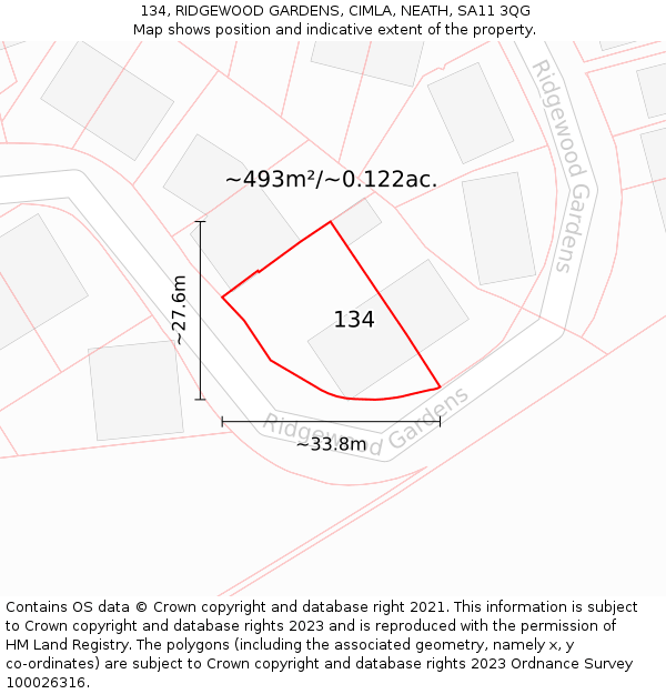 134, RIDGEWOOD GARDENS, CIMLA, NEATH, SA11 3QG: Plot and title map