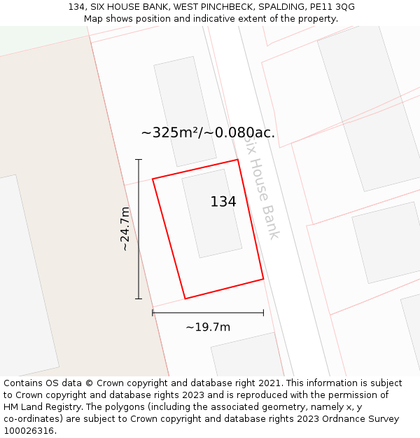 134, SIX HOUSE BANK, WEST PINCHBECK, SPALDING, PE11 3QG: Plot and title map