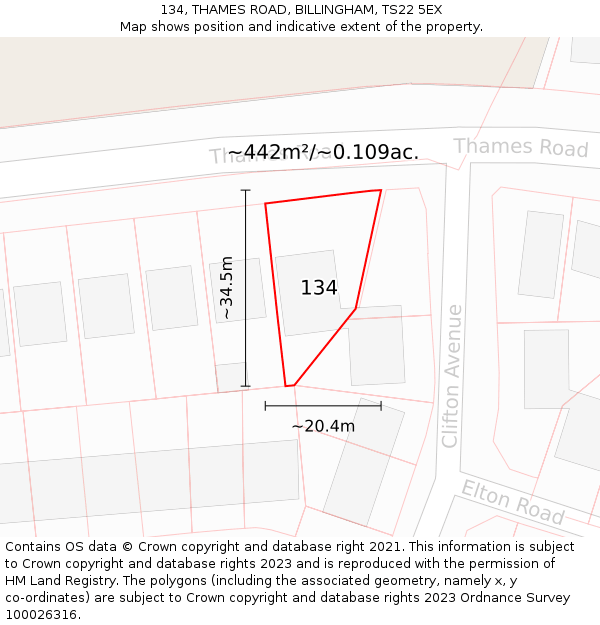 134, THAMES ROAD, BILLINGHAM, TS22 5EX: Plot and title map