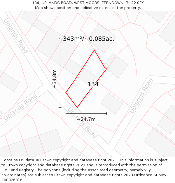 134, UPLANDS ROAD, WEST MOORS, FERNDOWN, BH22 0EY: Plot and title map
