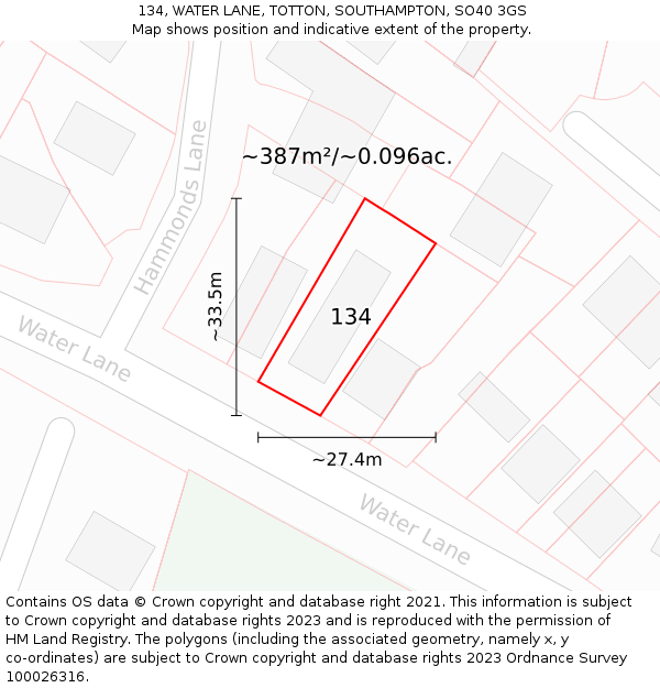 134, WATER LANE, TOTTON, SOUTHAMPTON, SO40 3GS: Plot and title map