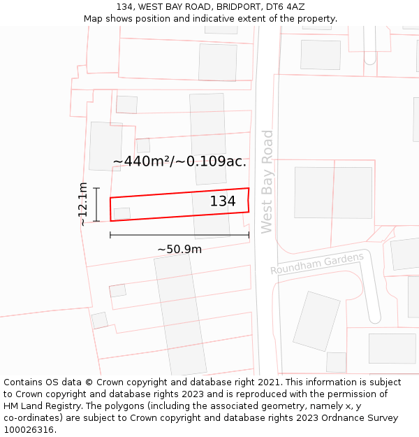 134, WEST BAY ROAD, BRIDPORT, DT6 4AZ: Plot and title map