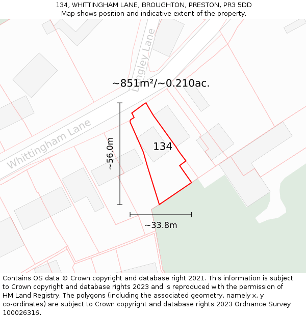 134, WHITTINGHAM LANE, BROUGHTON, PRESTON, PR3 5DD: Plot and title map