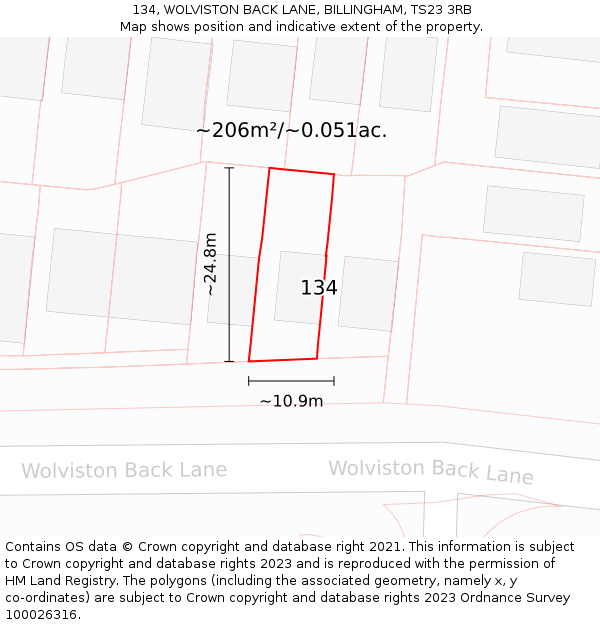 134, WOLVISTON BACK LANE, BILLINGHAM, TS23 3RB: Plot and title map