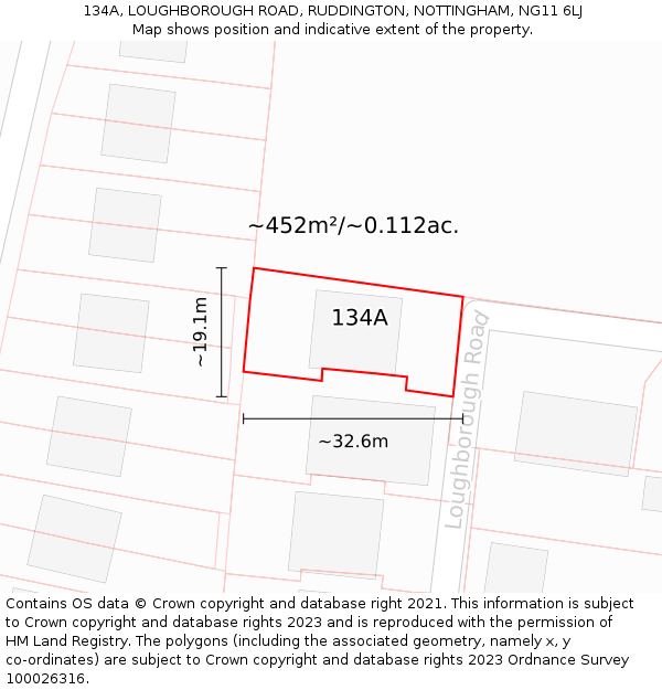 134A, LOUGHBOROUGH ROAD, RUDDINGTON, NOTTINGHAM, NG11 6LJ: Plot and title map