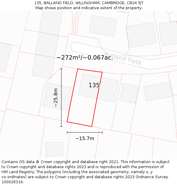 135, BALLAND FIELD, WILLINGHAM, CAMBRIDGE, CB24 5JT: Plot and title map
