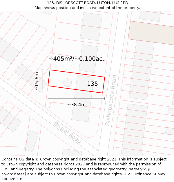 135, BISHOPSCOTE ROAD, LUTON, LU3 1PD: Plot and title map