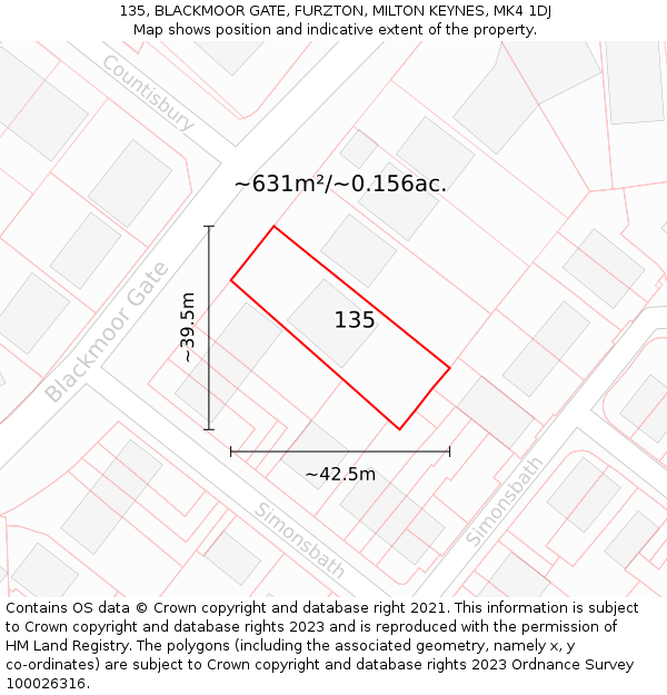 135, BLACKMOOR GATE, FURZTON, MILTON KEYNES, MK4 1DJ: Plot and title map