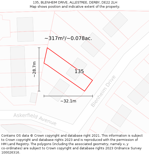 135, BLENHEIM DRIVE, ALLESTREE, DERBY, DE22 2LH: Plot and title map