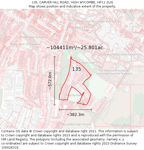 135, CARVER HILL ROAD, HIGH WYCOMBE, HP11 2UQ: Plot and title map