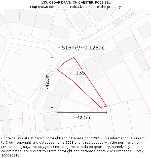 135, CEDAR DRIVE, CHICHESTER, PO19 3EL: Plot and title map