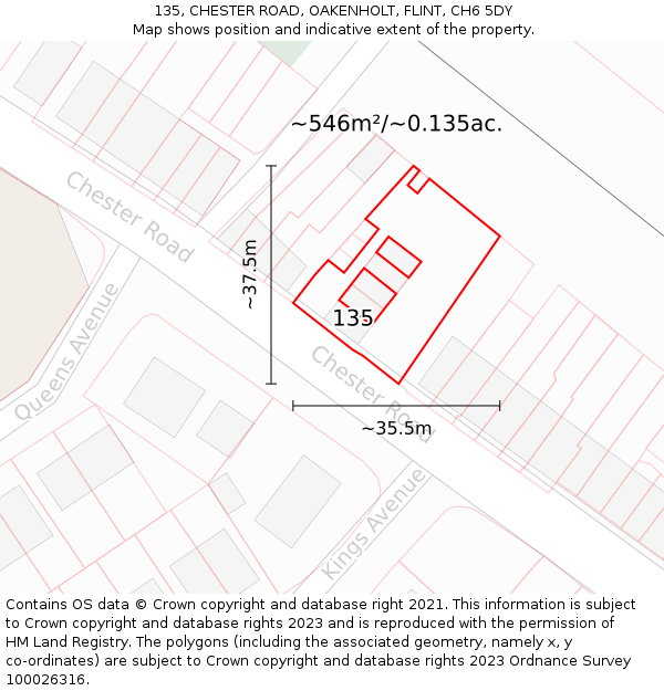 135, CHESTER ROAD, OAKENHOLT, FLINT, CH6 5DY: Plot and title map