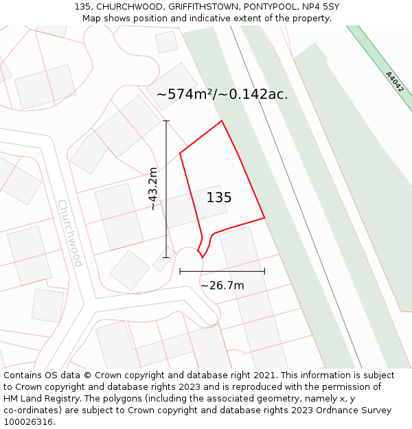 135, CHURCHWOOD, GRIFFITHSTOWN, PONTYPOOL, NP4 5SY: Plot and title map