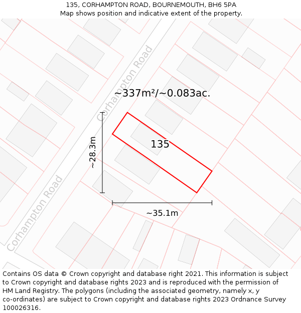 135, CORHAMPTON ROAD, BOURNEMOUTH, BH6 5PA: Plot and title map