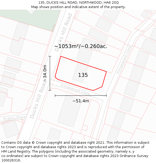 135, DUCKS HILL ROAD, NORTHWOOD, HA6 2SQ: Plot and title map