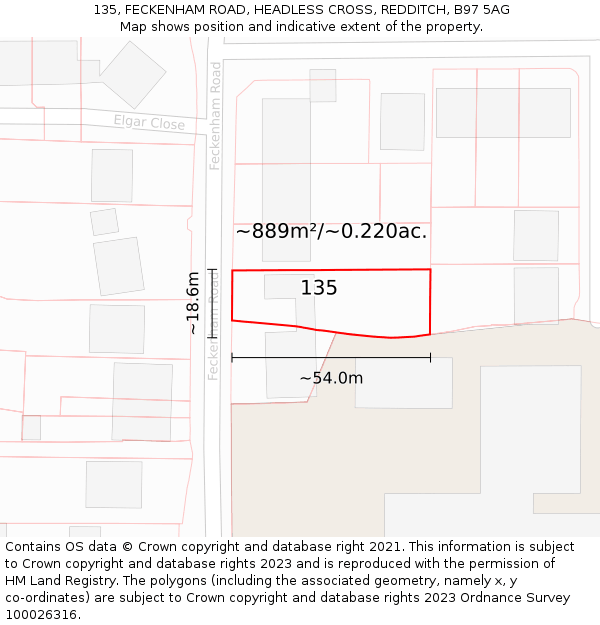 135, FECKENHAM ROAD, HEADLESS CROSS, REDDITCH, B97 5AG: Plot and title map