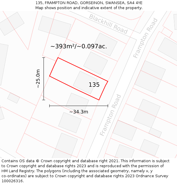 135, FRAMPTON ROAD, GORSEINON, SWANSEA, SA4 4YE: Plot and title map